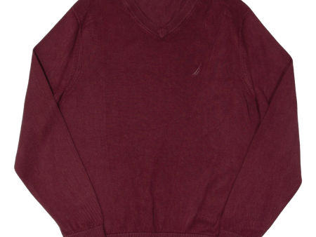 NAUTICA Mens Jumper Maroon V-Neck Tight Knit M For Discount