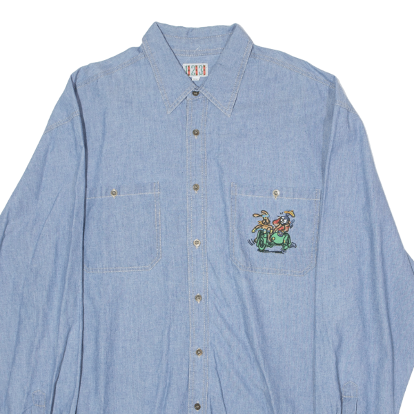 123 Embroidered Character Pocket Mens Shirt Blue 90s Long Sleeve M on Sale