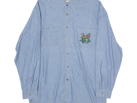 123 Embroidered Character Pocket Mens Shirt Blue 90s Long Sleeve M on Sale