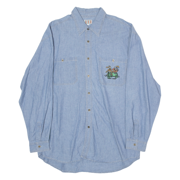 123 Embroidered Character Pocket Mens Shirt Blue 90s Long Sleeve M on Sale