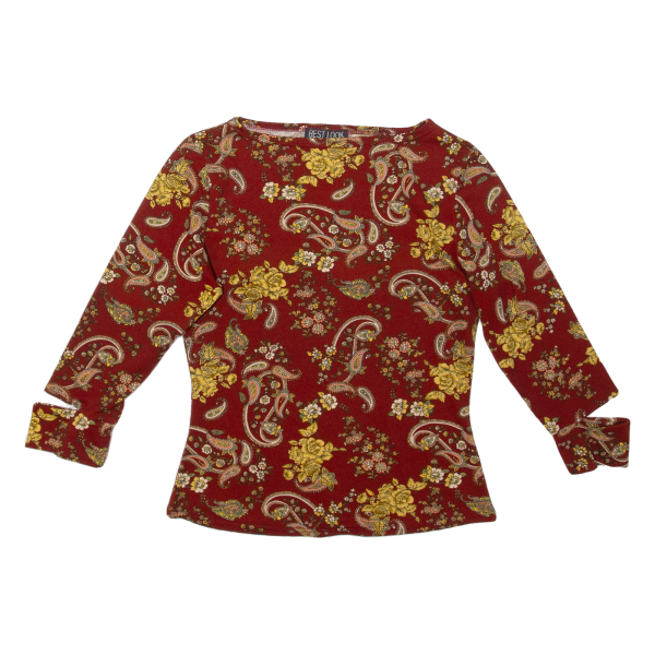 BEST LOOK PARIS Stretch Womens Printed Top Maroon Long Sleeve Paisley M For Cheap