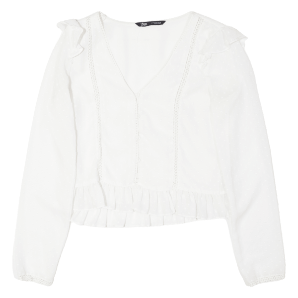 ZARA Sheer Womens Blouse White V-Neck Long Sleeve S Hot on Sale