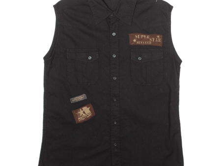 BONUS MODA Patch Mens Shirt Black Linen Patchwork Sleeveless XL Online