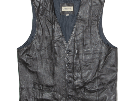 CONWELL Mens Biker Waistcoat Black Leather 90s XL Online Hot Sale