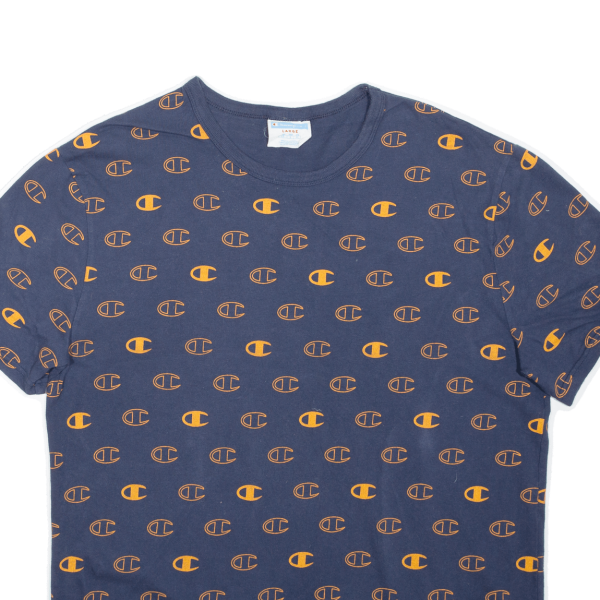 CHAMPION All Over Logo Print Mens T-Shirt Blue L For Cheap