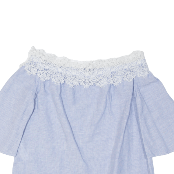 ZARA Womens Off Shoulder Top Blue Linen Pinstripe S Online