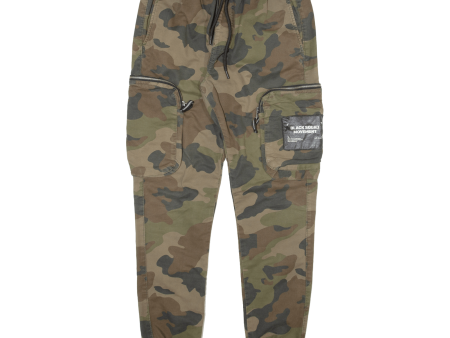 BLACK SQUAD Camo Cargo Mens Trousers Green Relaxed Tapered W28 L29 Cheap