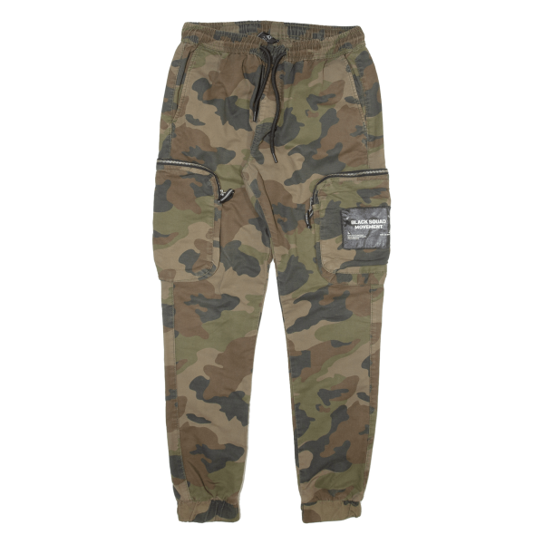 BLACK SQUAD Camo Cargo Mens Trousers Green Relaxed Tapered W28 L29 Cheap