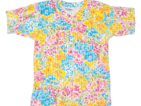 DAVID WAYNE Padded Shoulders Womens Top Blue V-Neck Floral S Discount