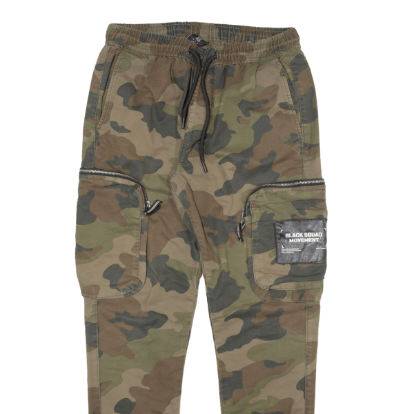 BLACK SQUAD Camo Cargo Mens Trousers Green Relaxed Tapered W28 L29 Cheap