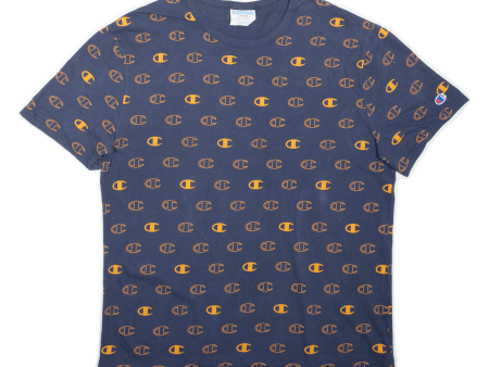 CHAMPION All Over Logo Print Mens T-Shirt Blue L For Cheap