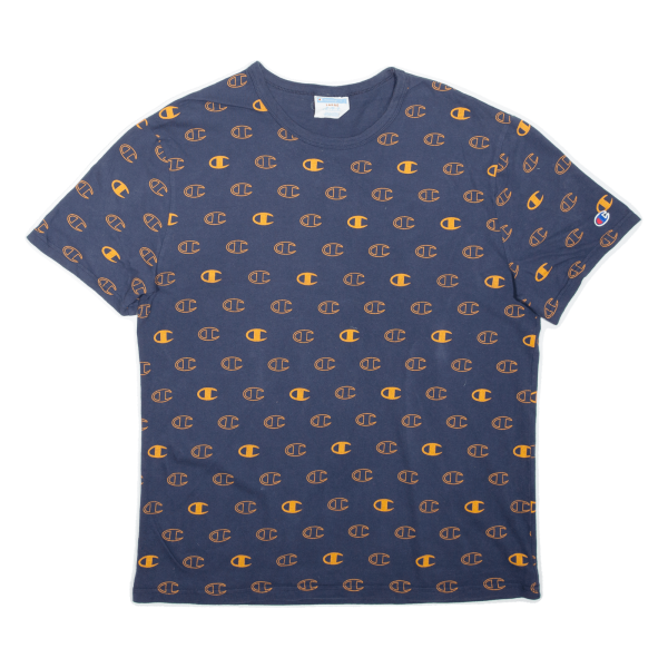 CHAMPION All Over Logo Print Mens T-Shirt Blue L For Cheap