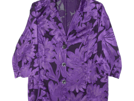 Blazer Padded Shoulders Womens Blouse Shirt Purple Collared 3 4 Sleeve Floral L Fashion